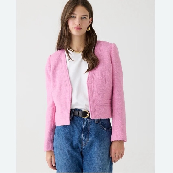 J. Crew NWT Maritime Tweed Collarless Open lady jacket in Picador Pink Sz 12 - Picture 1 of 14
